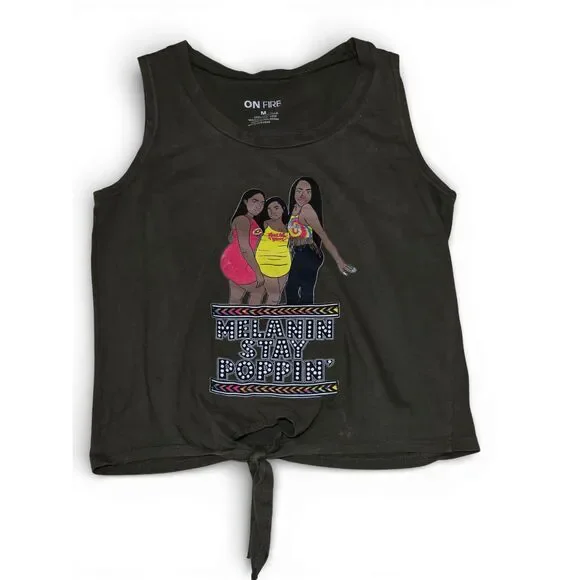 Teen Graphic Tie-Front Tank Top | Sleeveless Casual Top | Size M - Picture 8 of 15
